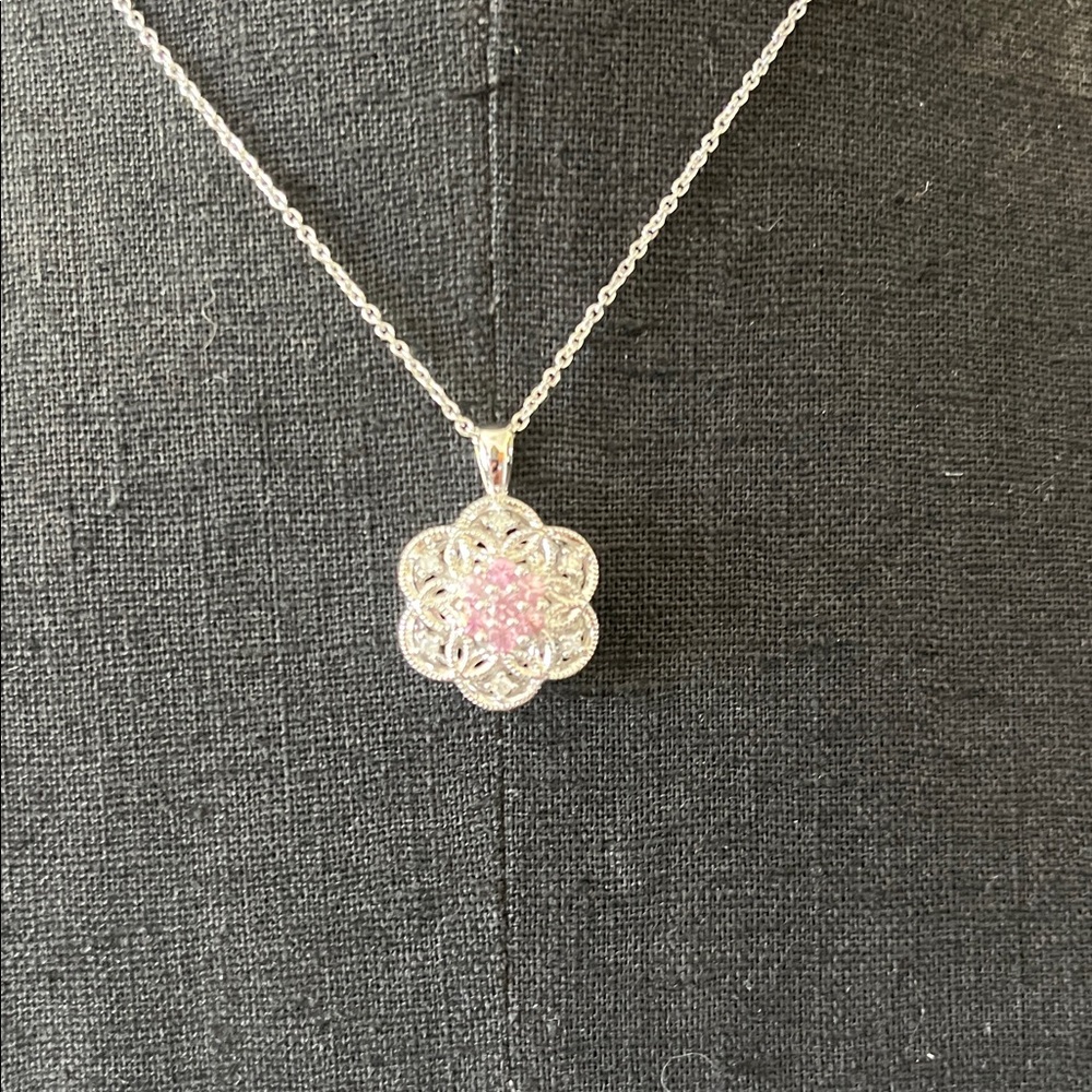 Pink Sapphire and 1/10 CTTW Diamond Pendant with 18” Italian Silver Chain. NWT